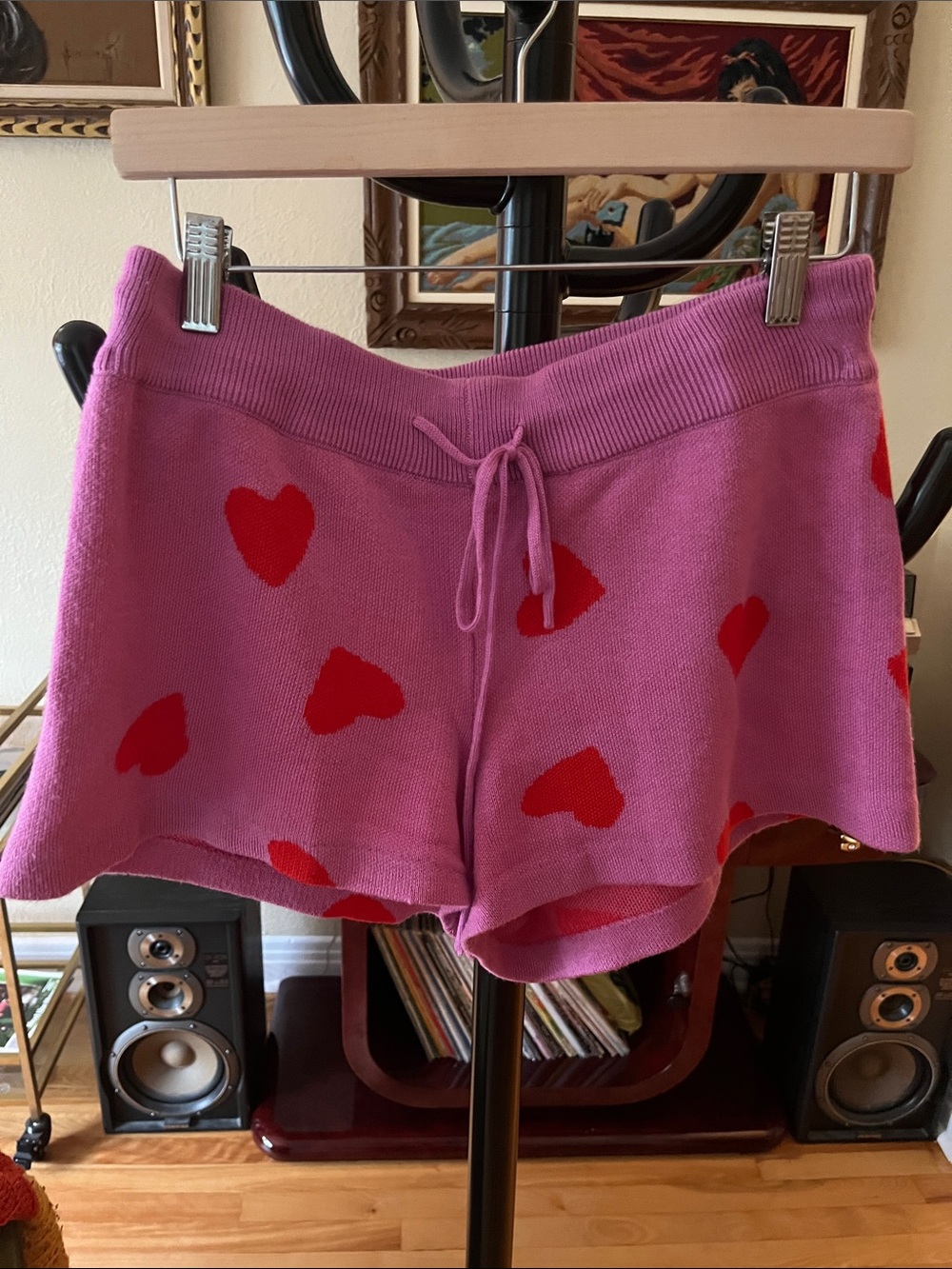 Beach Riot Pink Knit Shorts with Red Heart Motif